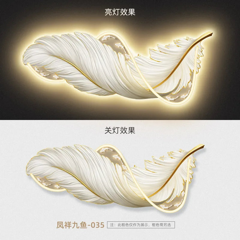 Luxury black feather mural wall light fixture with LED illumination, ideal for high-end living room decor and sofa backgrounds.