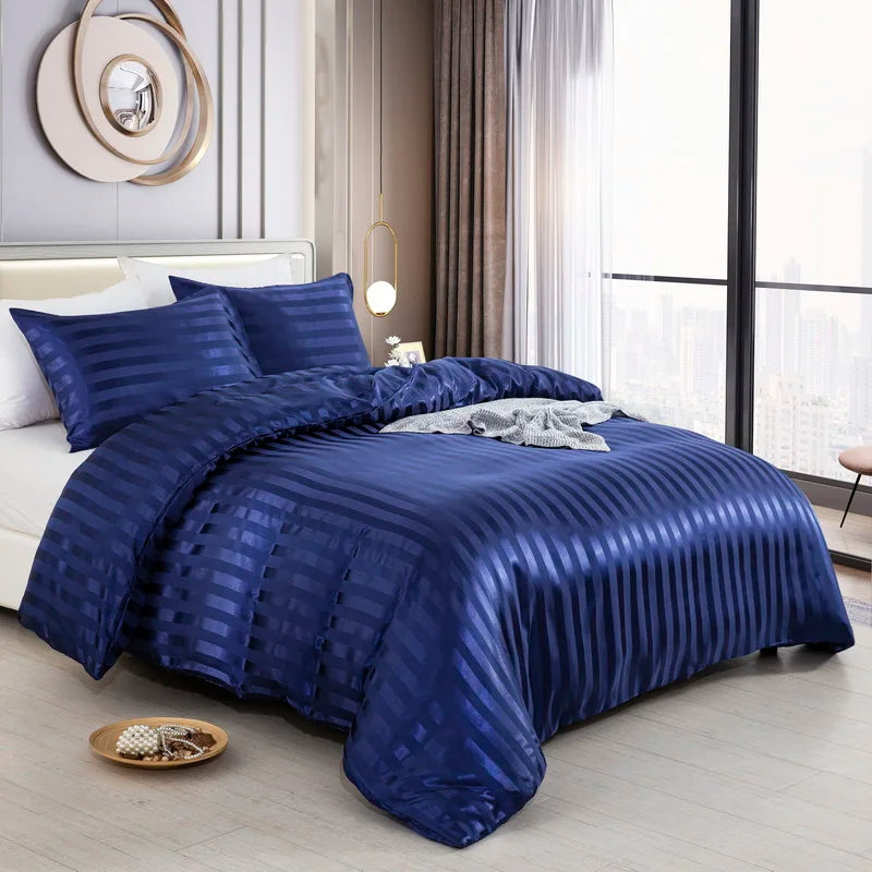 Luxury satin striped duvet cover set in ivory white from MC The Black Diamonds, full/queen/king size bedsheets, silky smooth fabric.
