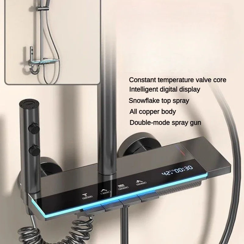 Grey four-function smart digital display shower system with rainfall and pressurized wall-mounted faucet from MC THE BLACK DIAMOND.