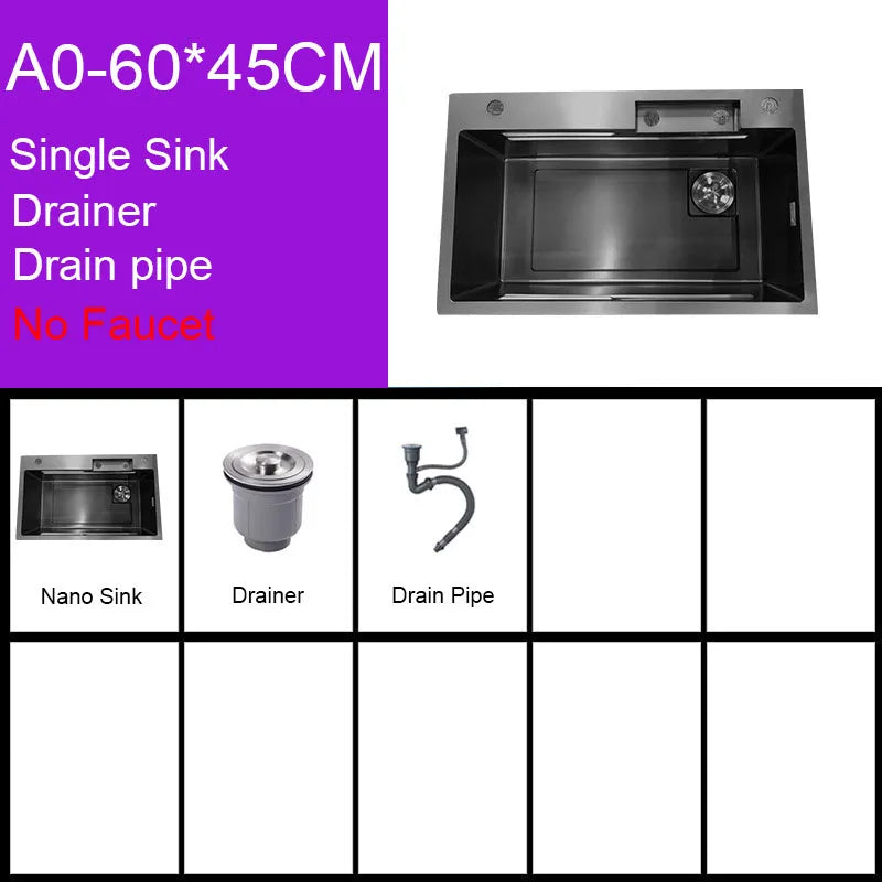 Black nano kitchen sink faucet with waterfall spout, single bowl design, soap dispenser, stainless steel finish, by 𝕄𝕔 𝕋𝕙𝕖 𝔹𝕝𝕒𝕔𝕜 𝔻�