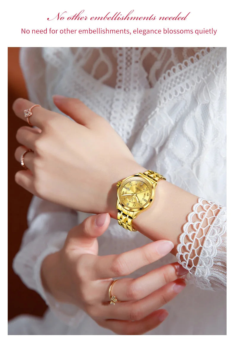 Elegant MC THE BLACK DIAMOND women's quartz wristwatch with luminous dial, waterproof design, and calendar feature.