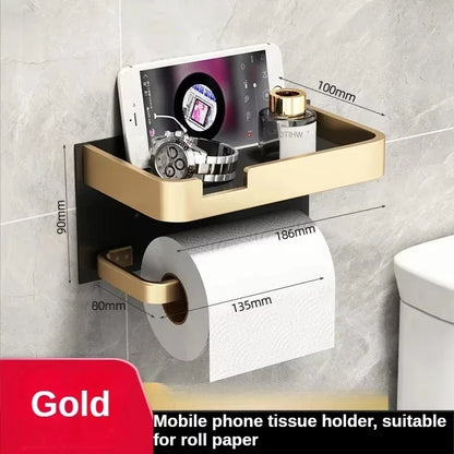 Black Gold Toilet Paper Holder Bathroom Wall Mount Multifunction WC Phone Towel Roll Shelf Accessories - https://mohammadcollection.com
