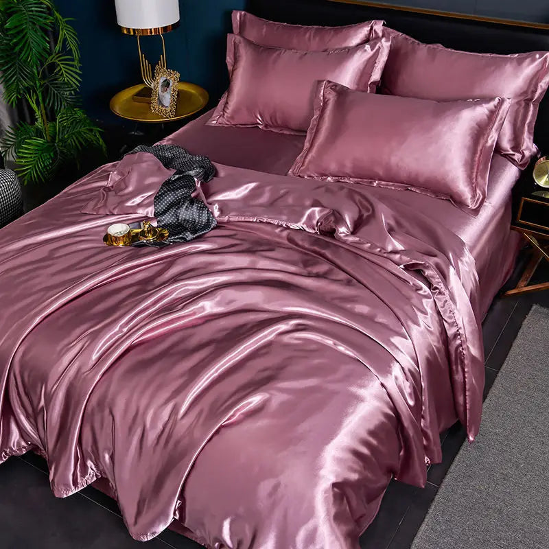 Nordic satin silk bedding set by MC THE BLACK DIAMOND with duvet cover, bed sheet, and pillowcases in a luxurious solid design.