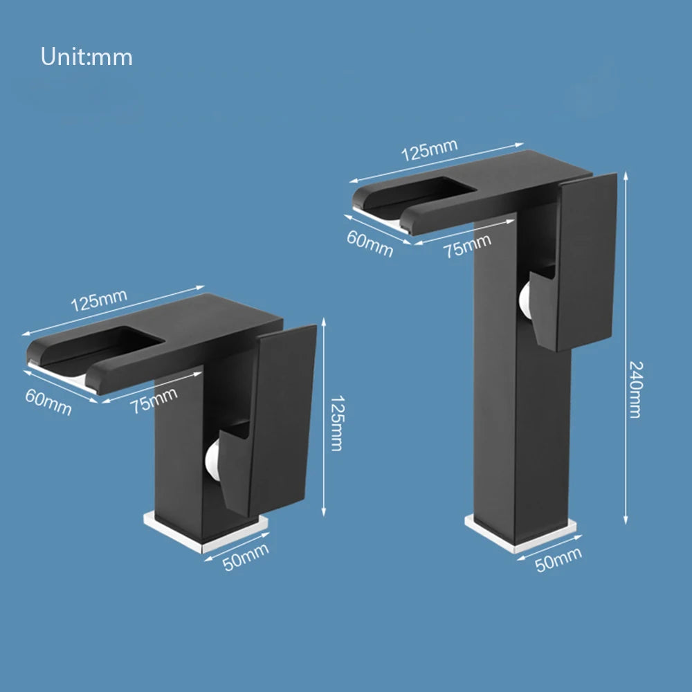 Black brass LED bathroom sink faucet with waterfall spout, single handle mixer, deck mounted for hot and cold water.