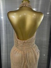 MC THE BLACK DIAMOND golden halter off-shoulder gown with shining diamond mesh for women, elegant evening dress.