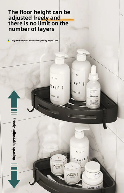 MC Diamond No-Drill Shower Caddy and bathroom organizer in black, with multiple shelves and hooks for shower essentials.