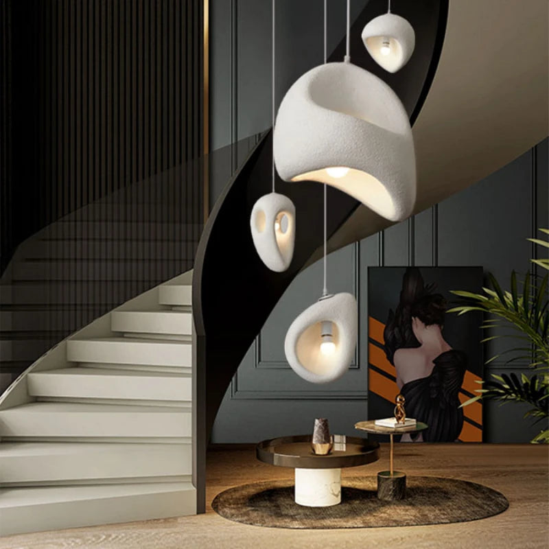 Nordic Villa Stairs Wabi Sabi E27 LED pendant lights by MC THE BLACK DIAMOND, showcasing rustic ceramic pendant fixtures hanging from a staircase.