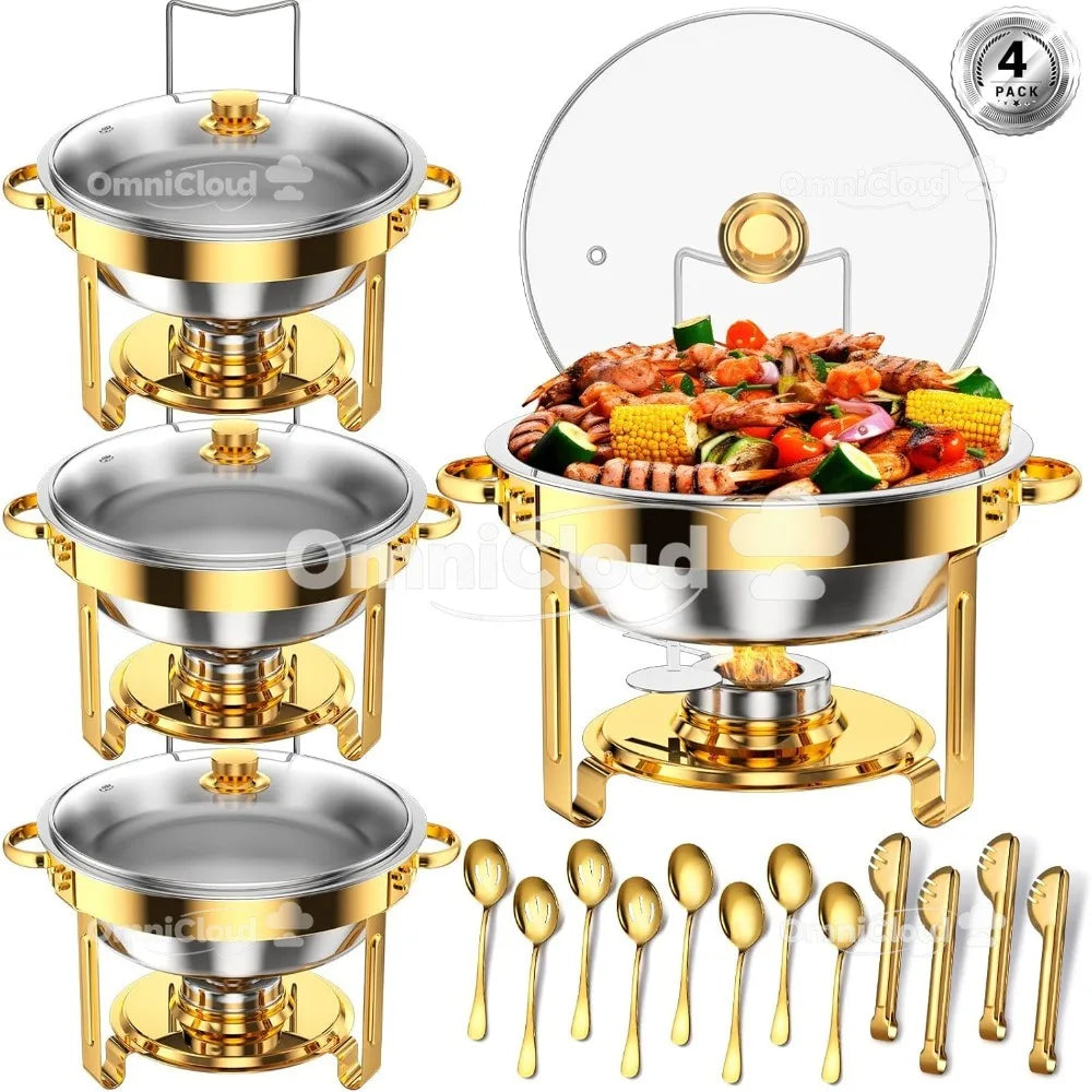 Round chafing dish from MC THE BLACK DIAMOND, high-grade buffet set with full-size pan and rolled-edge food warmer for buffets.