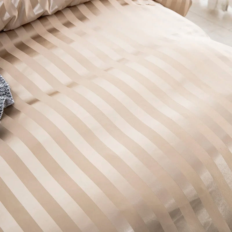 Luxury satin striped duvet cover set in ivory white with silky texture, available in full, queen, king, single, and double sizes.