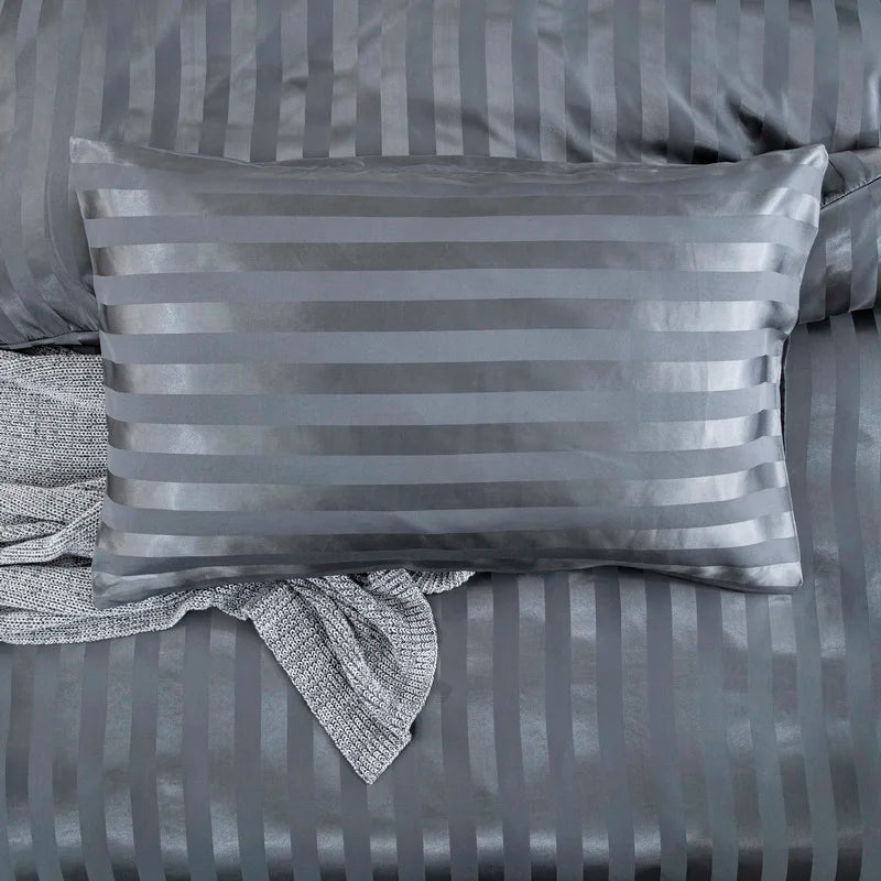 Luxury ivory white satin striped duvet cover set by MC The Black Diamonds, featuring silky smooth fabric and elegant bedding design.