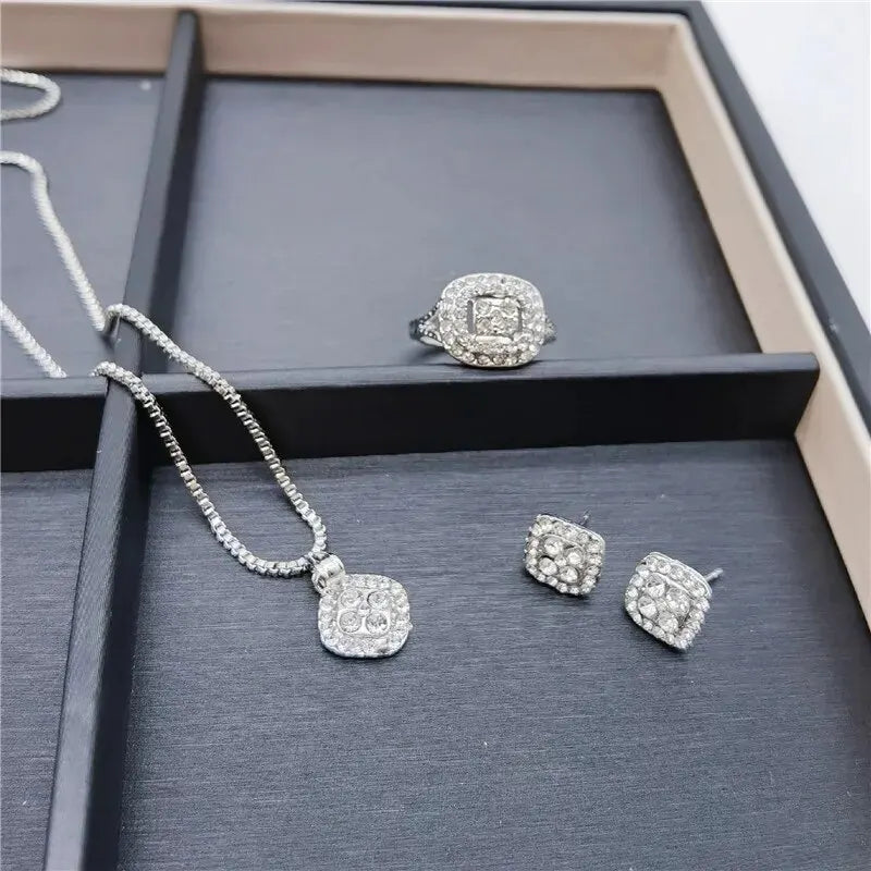 European and American style jewelry set with eight hearts and arrows design, including engagement ring, earrings, and necklace by 𝕄𝕔 𝕋𝕙𝕖 𝔹𝕝𝕒𝕔𝕜 𝔻�