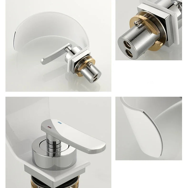 MC THE BLACK DIAMOND waterfall bathroom sink faucet with hot and cold water mixer tap in black and white finish.