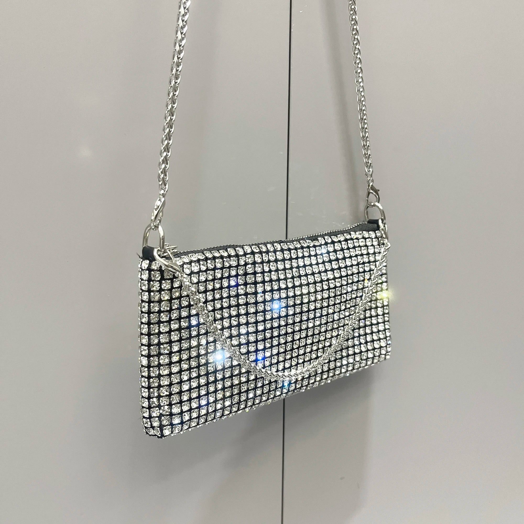 Luxury MC THE BLACK DIAMOND rhinestone clutch hand bag for women with handle and shoulder strap, elegant designer evening purse.