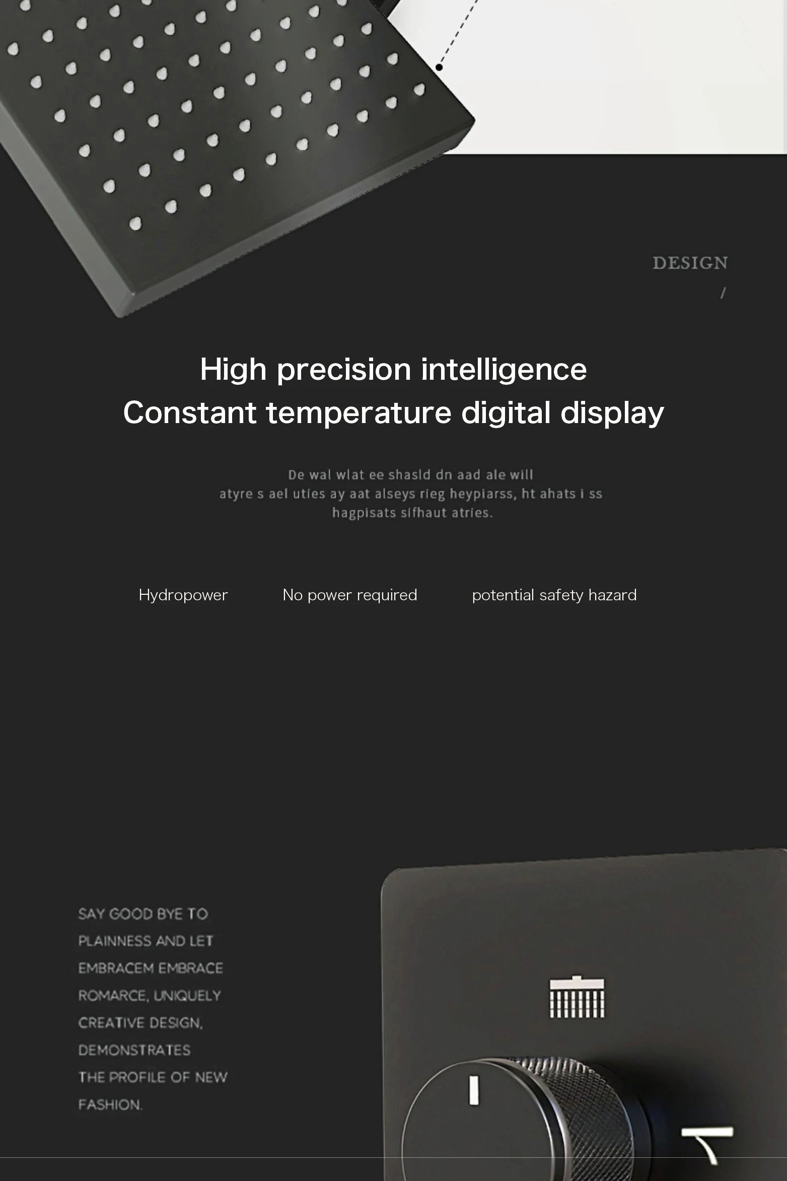 Black MC THE BLACK DIAMOND luxury shower system with wall-mounted bath tap, LED digital display, dual hot and cold control