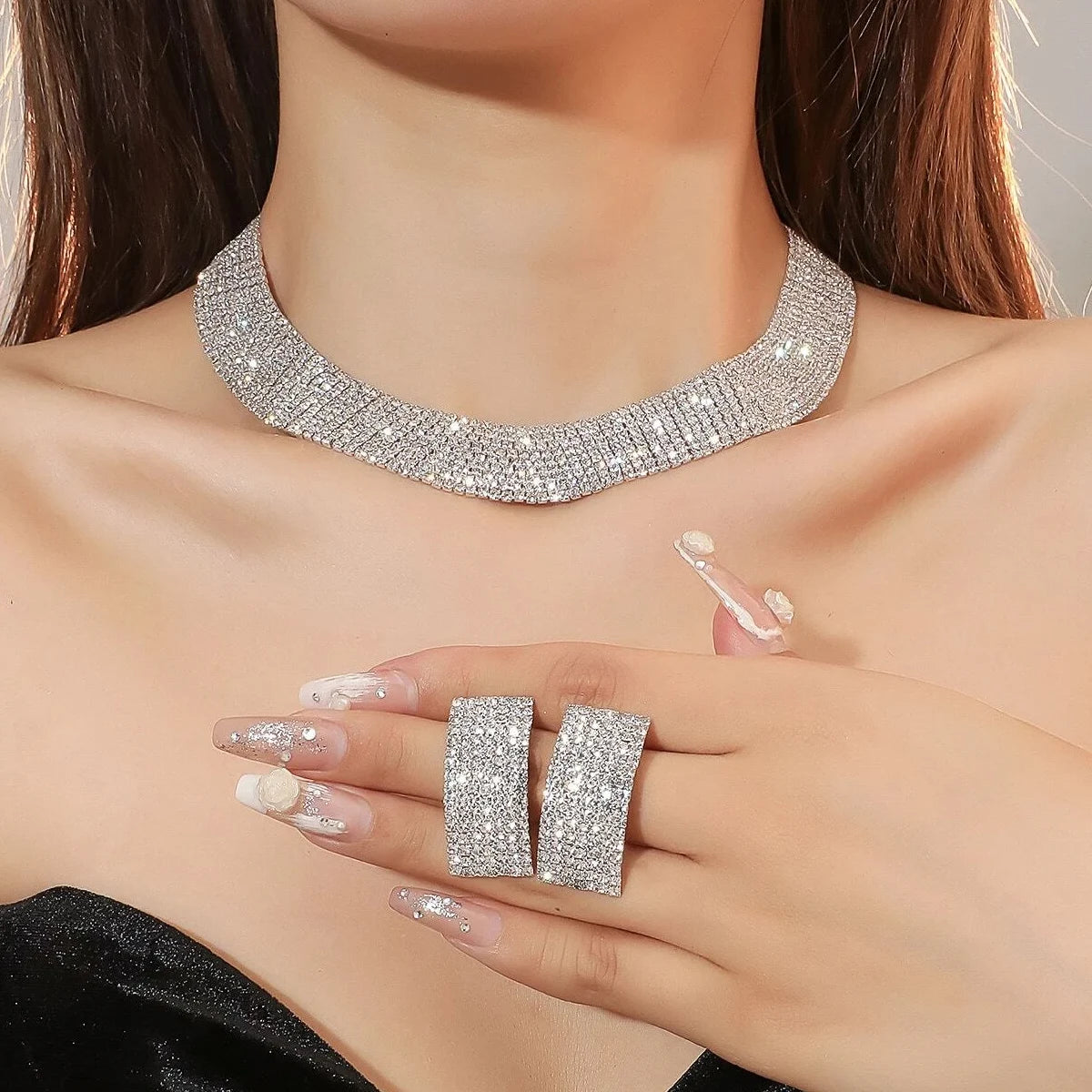 Women's jewelry set with rhinestone earrings and necklace by 𝕄𝕔 𝕋𝕙𝕖 𝔹𝕝𝕒𝕔𝕜 𝔻𝕚𝕒𝕞𝕠�