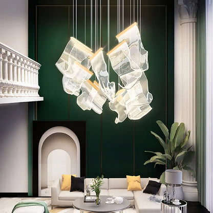Modern MC THE BLACK DIAMOND LED chandelier hanging light fixture in a living and dining room setting with sleek design.