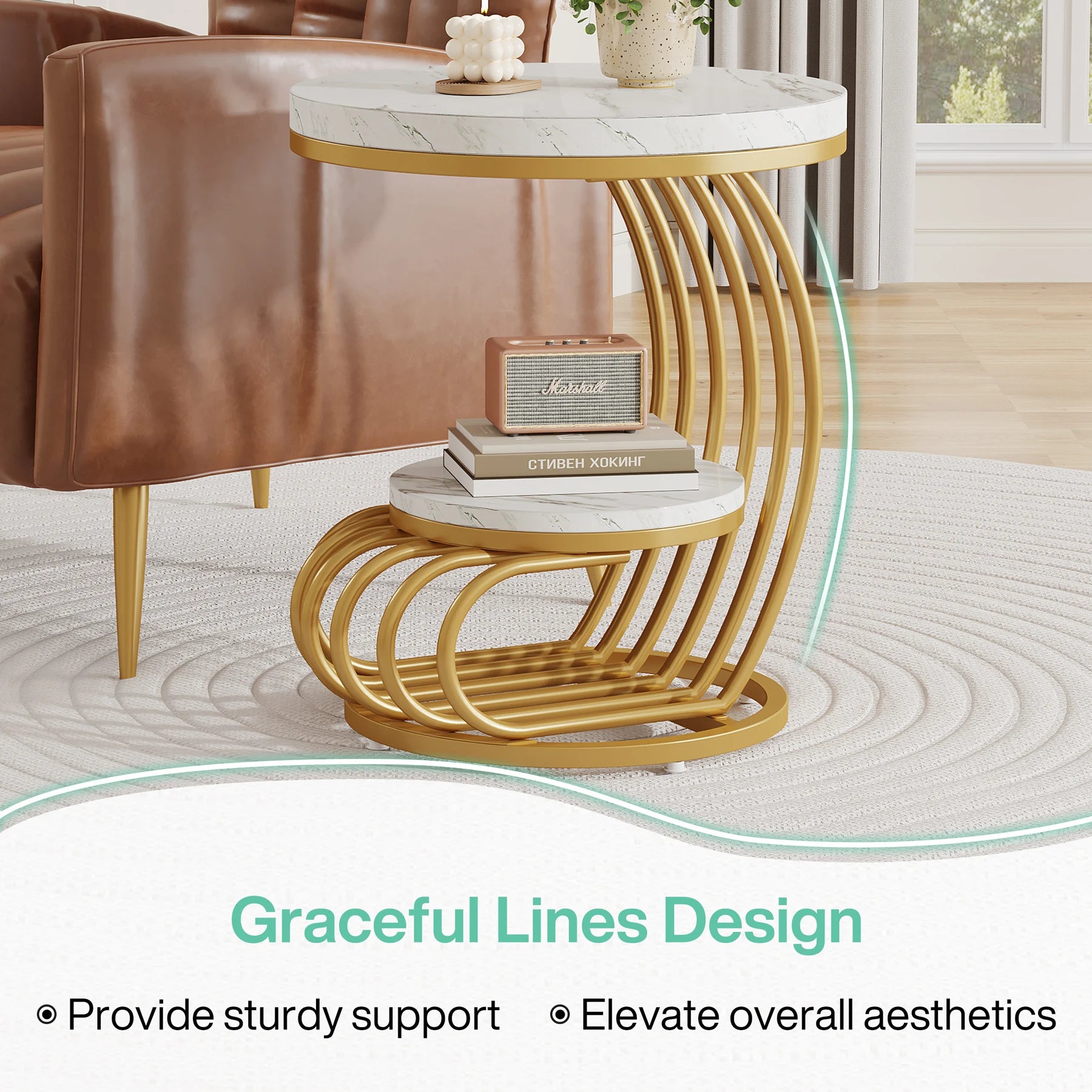 Tribesigns gold round end table with two tiers, faux marble surface, storage shelf, modern white gold finish, bedroom or living room decor