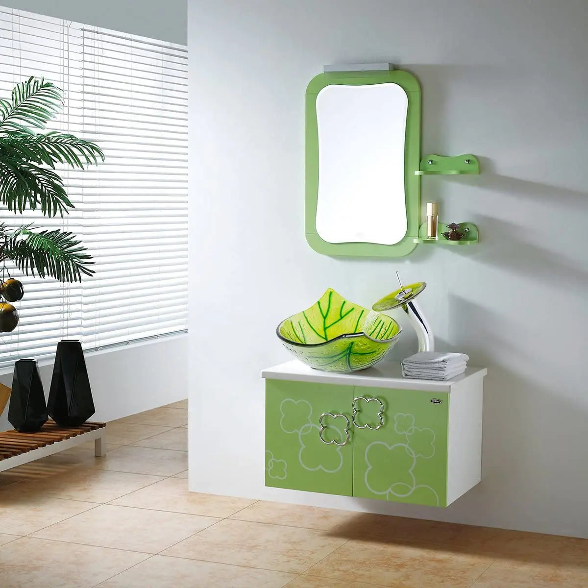 Green leaf-shaped vessel sink from MC THE BLACK DIAMOND, stylish bathroom wash basin with a natural leaf design.