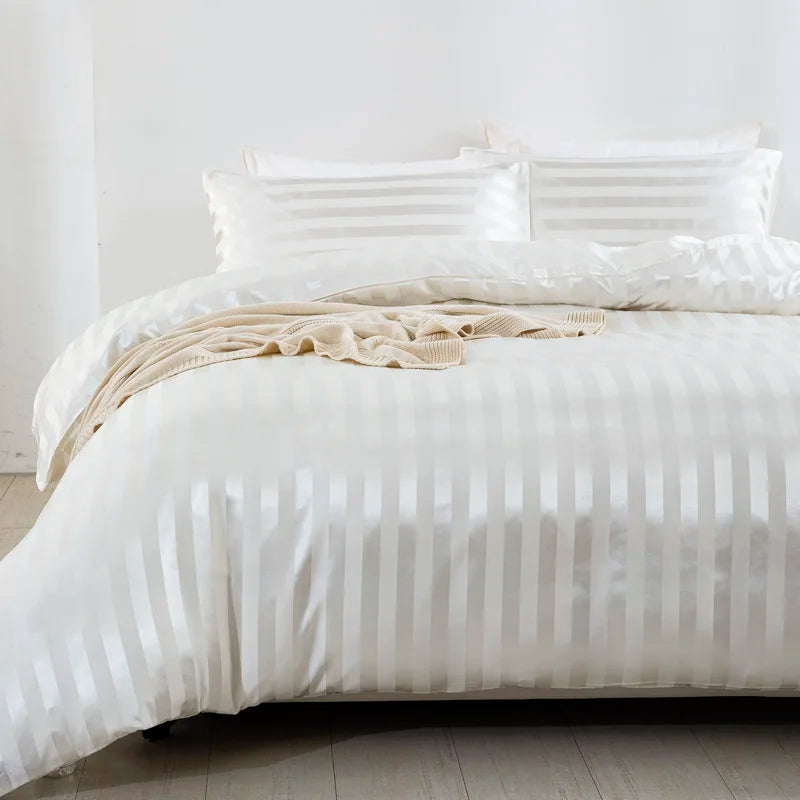 Luxury satin striped duvet cover set in ivory white, featuring silky-like fabric for full, queen, king, single, or double beds.