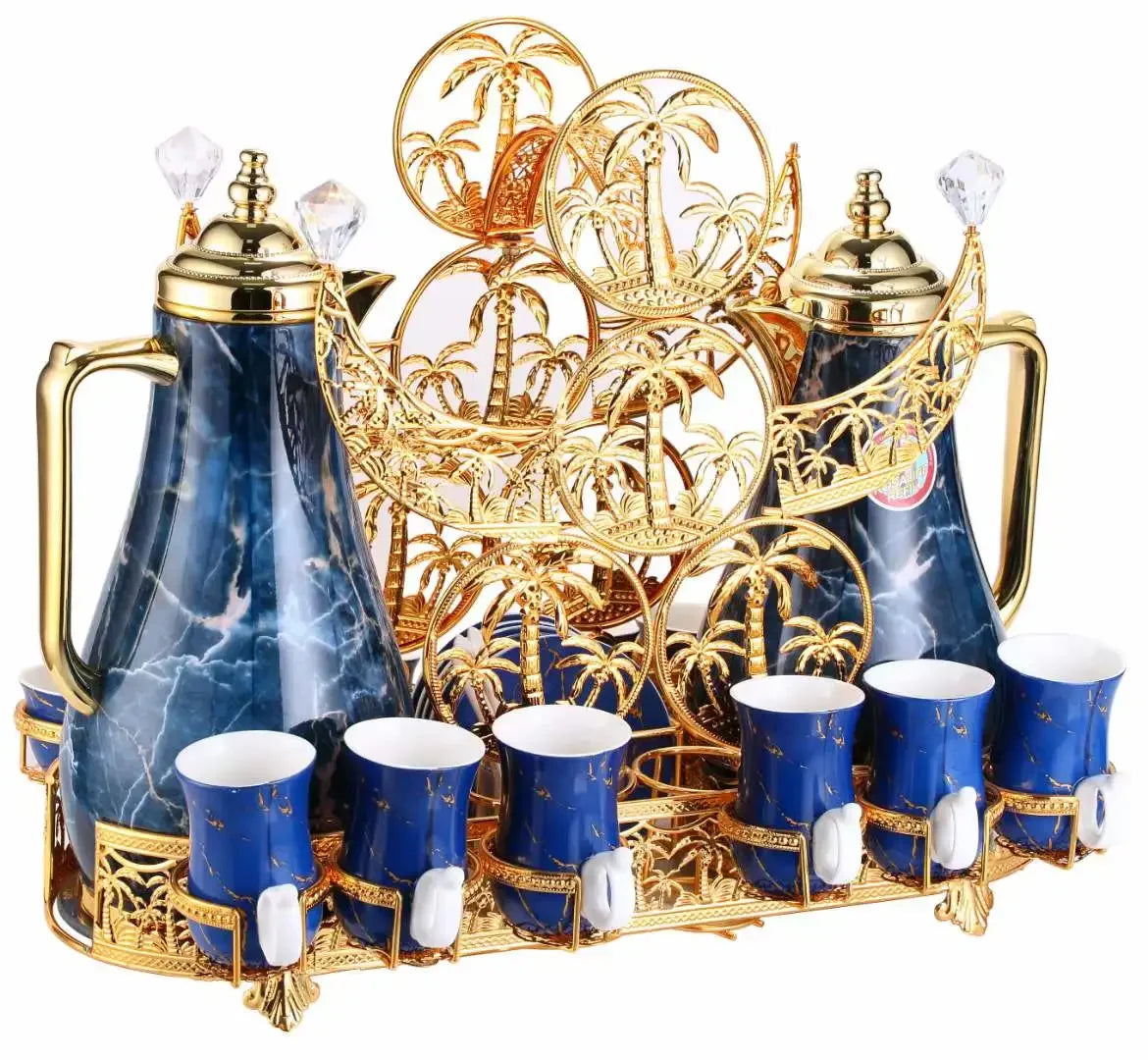 MC The Black Diamond Arabic ceramic golden tea set featuring a teapot, cups, and tray with elegant black and gold design.