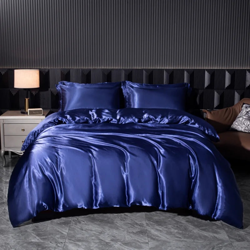 Luxury silk bedsheet set with duvet cover, pillowcases, and bed sheet in elegant black satin from 𝕄𝕔 𝕋𝕙𝕖 𝔹𝕝𝕒𝕔𝕜 𝔻𝕚