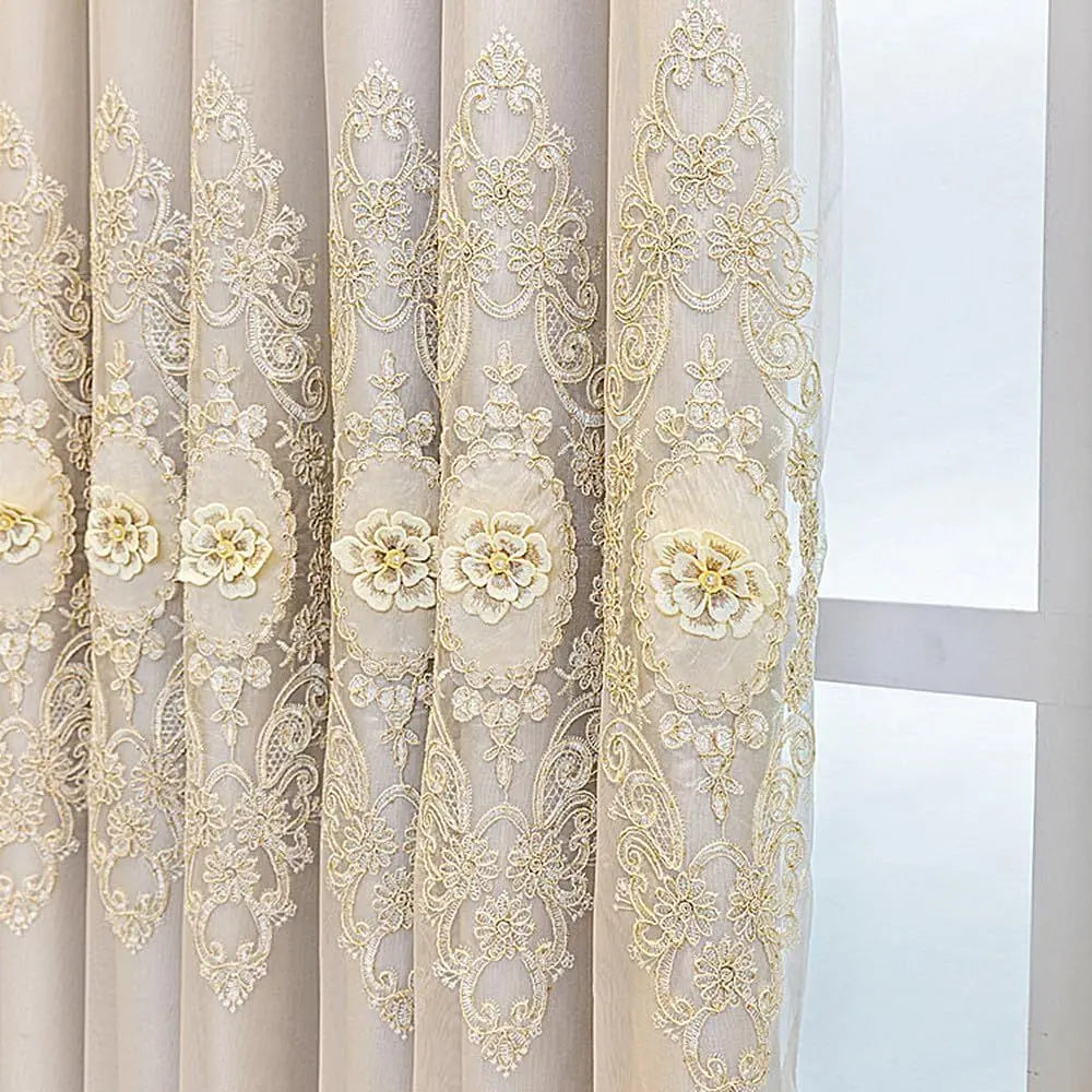 Luxury European 3D Embroidered Double Layer Curtains with Valance for Living Room and Bedroom, Beige, 51x84 Inches - https://mohammadcollection.com