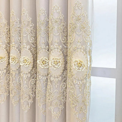 Luxury European 3D Embroidered Double Layer Curtains with Valance for Living Room and Bedroom, Beige, 51x84 Inches - https://mohammadcollection.com