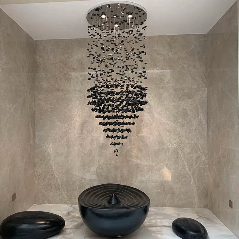 Black Art Luxury Stone Crystal Chandelier by MC THE BLACK DIAMOND, modern LED hanging light fixture with crystal accents for staircase or hallway.