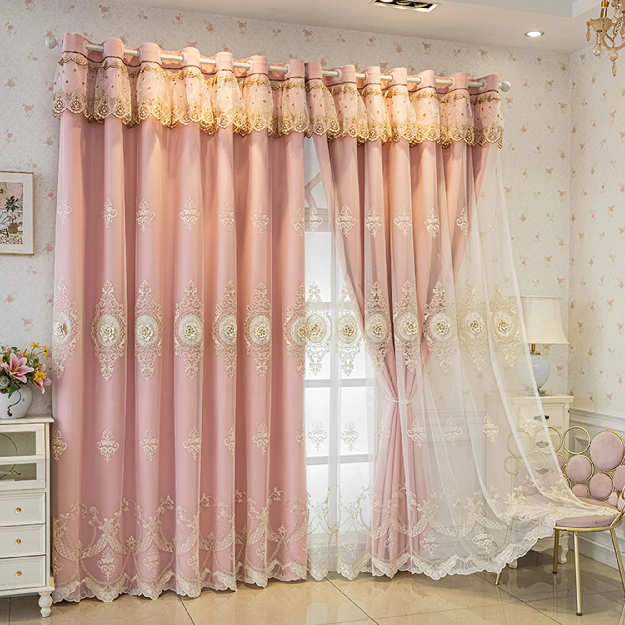 Pink Chenille European Thickened Curtains High-end Embroidered Relief Three-dimensional Blackout Curtains Finished Products - https://mohammadcollection.com