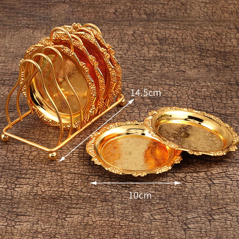 Set of 6 golden dining plates from Mc The Black Diamonds, elegant ceramic dinnerware with a shiny gold finish.