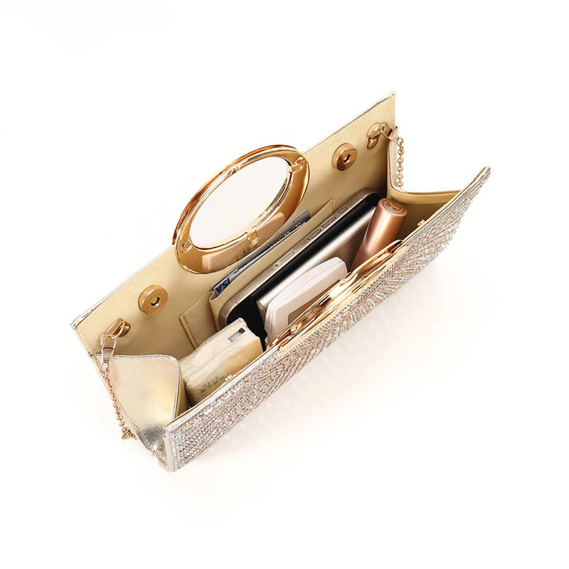 Elegant women's evening clutch bag with sparkling rhinestones and sequins, featuring a chain, by 𝕄𝕔 𝕋𝕙𝕖 𝔹𝕝𝕒𝕔𝕜 𝔻𝕚�