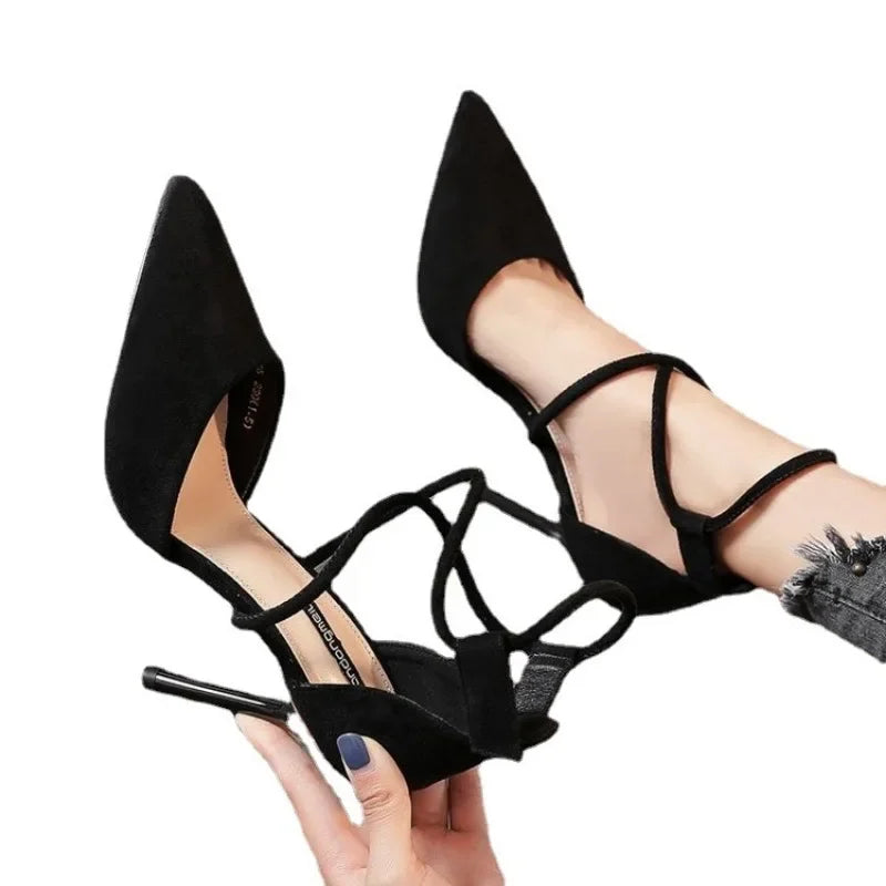 Black suede cross-strap Roman sandals with pointed heels, buckle detail, MC THE BLACK DIAMOND women's high heels shoes