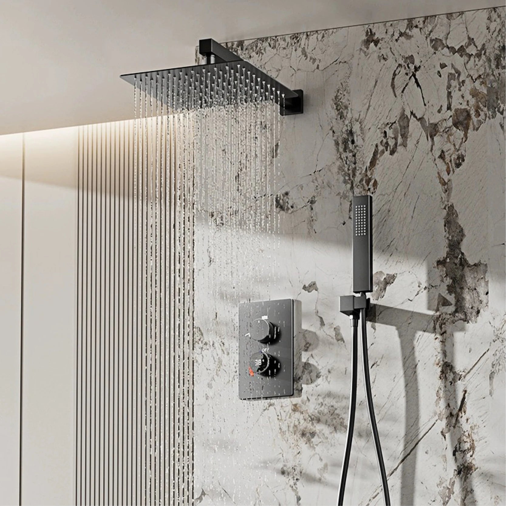 Luxury black MC THE BLACK DIAMOND shower system with wall-mounted bath tap, LED digital display, dual hot and cold control