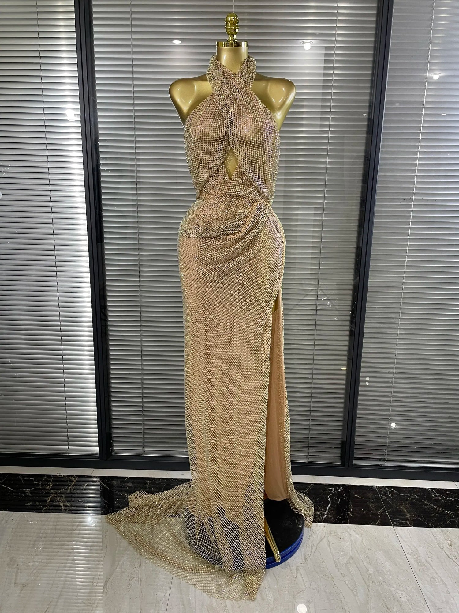 MC THE BLACK DIAMOND golden halter off-shoulder gown for women with shining diamond mesh fabric, elegant evening dress.