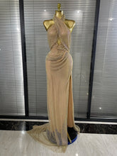 MC THE BLACK DIAMOND golden halter off-shoulder gown for women with shining diamond mesh fabric, elegant evening dress.