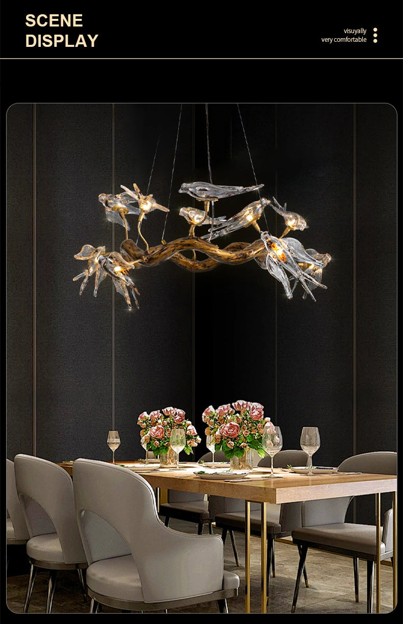 Vintage round bird ceiling chandelier with swallow design, MC THE BLACK DIAMOND lighting fixture, featuring intricate metalwork and elegant style.