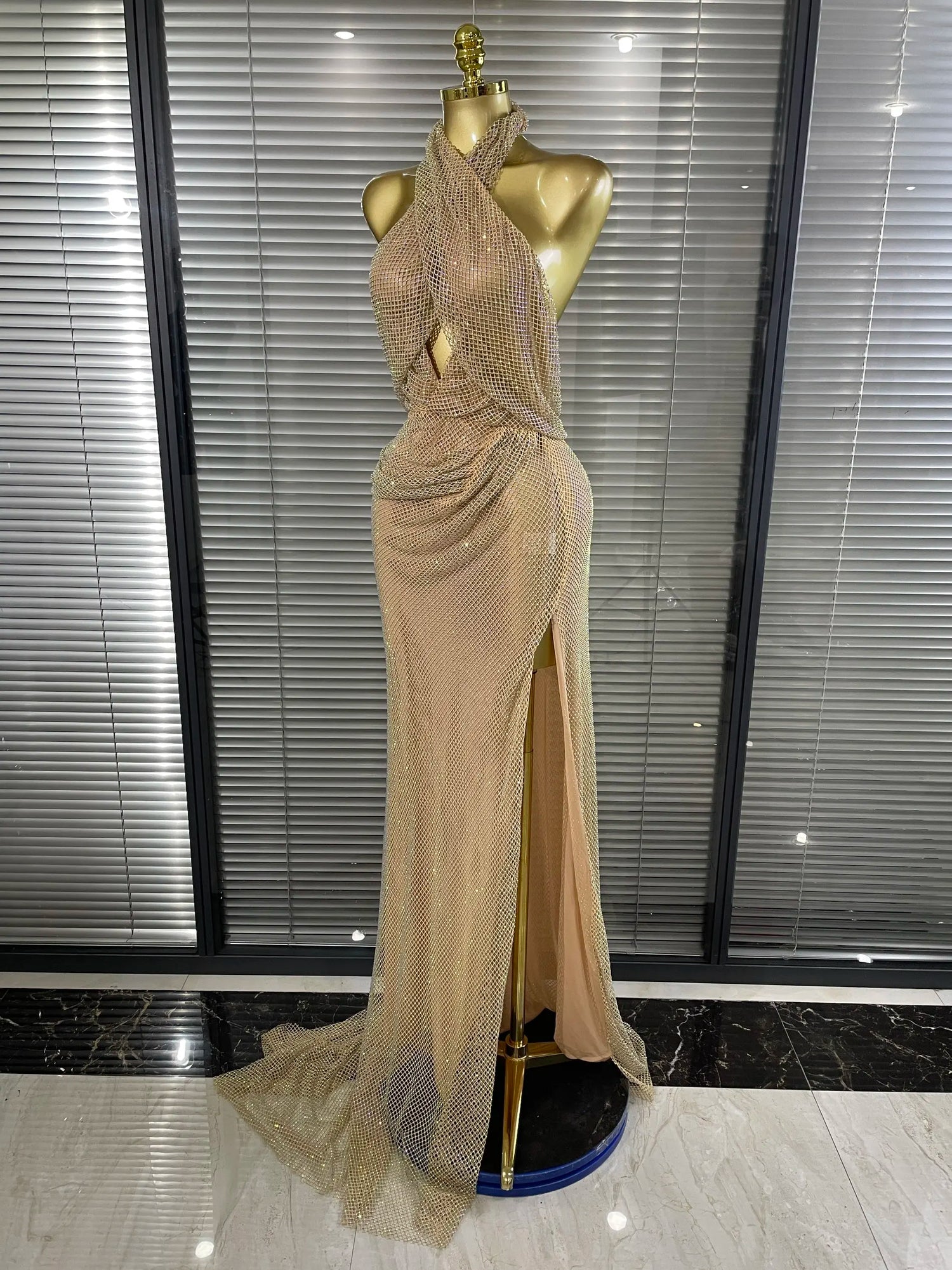MC The Black Diamond golden color women’s halter off-shoulder gown with shining diamond mesh fabric, elegant evening dress