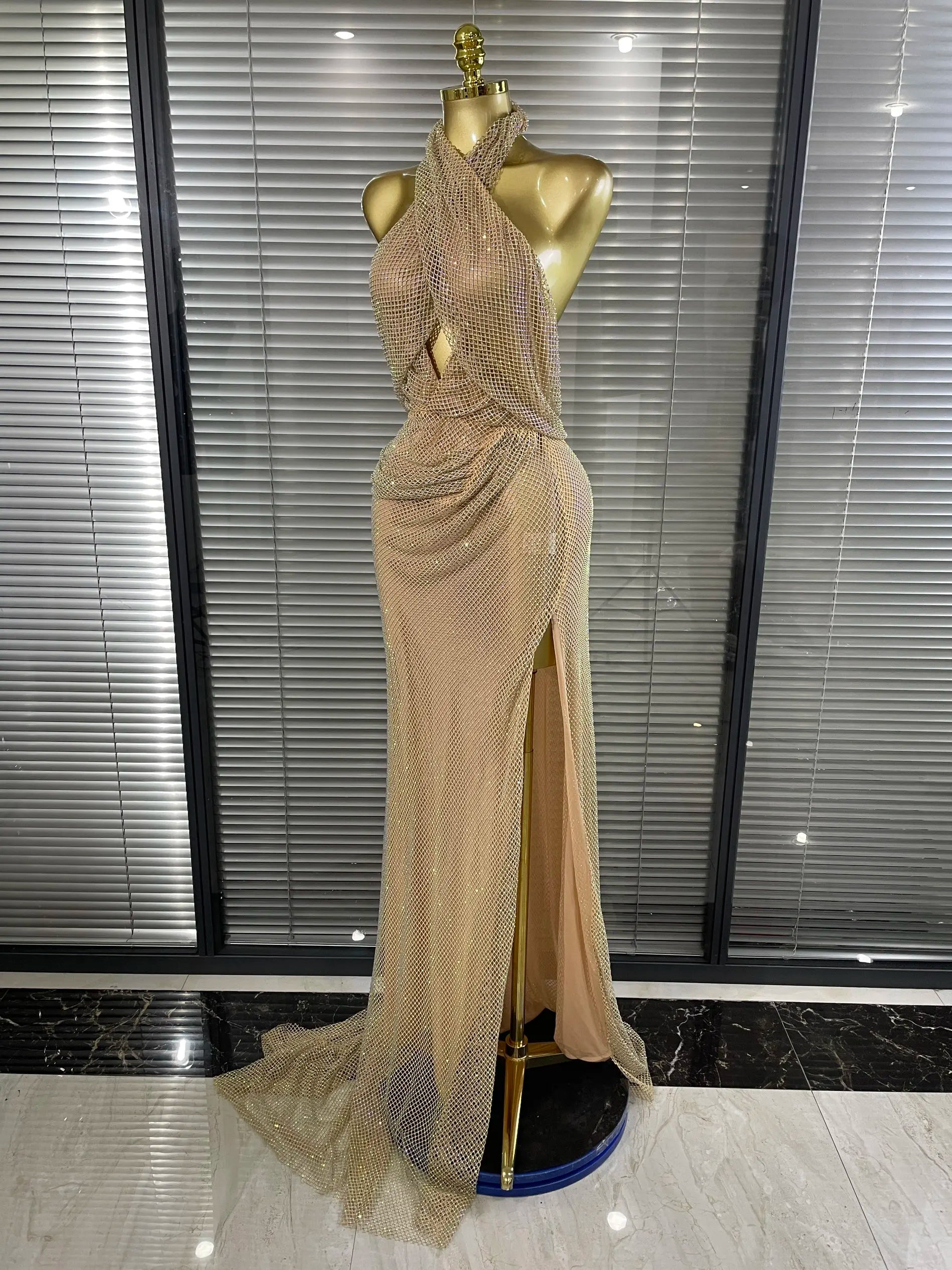 MC The Black Diamond golden color women’s halter off-shoulder gown with shining diamond mesh fabric, elegant evening dress