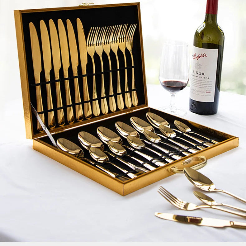 24-piece stainless steel cutlery set including knives, forks, and spoons from 𝕄𝕔 𝕋𝕙𝕖 𝔹𝕝𝕒𝕔𝕜 𝔻𝕚𝕒�