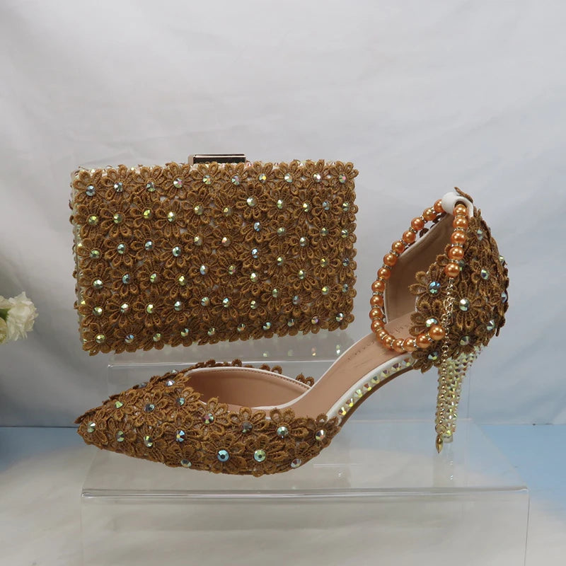 Coffee-colored Mohammads Collection wedding shoes and matching purse set with lace-up heels, pointed toe, ankle strap, and pearl details.