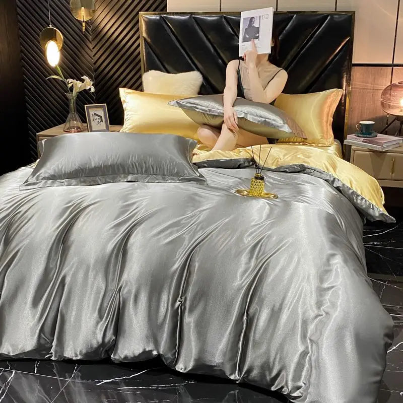 Solid rayon silk bedding set featuring a duvet cover, bed sheet, and satin pillowcases from 𝕄𝕔 𝕋𝕙𝕖 𝔹𝕝𝕒𝕔𝕜 𝔻𝕚�
