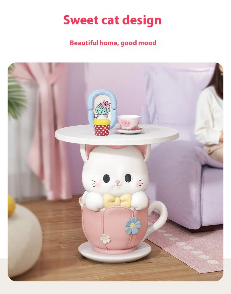 Kawaii Room Decor Coffee Table Sofa Side Table Girl Bedroom Nightstand Cartoon Cat Floor Decoration Cream Living Room Furniture - https://mohammadcollection.com
