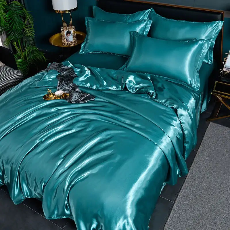 Luxury Nordic satin silk bedding set including duvet cover, bed sheet, and pillowcases in solid color by MC THE BLACK DIAMOND.