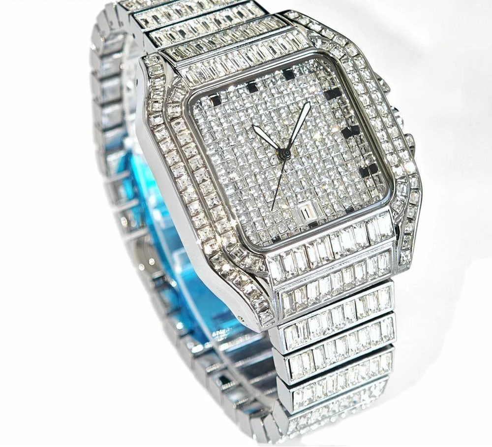 Luxury MC THE BLACK DIAMOND rose gold stainless steel men's watch with iced-out diamond accents and rectangular quartz design.