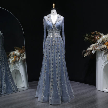 MC THE BLACK DIAMOND MC Long Sleeve Formal Evening Dress with V-neck, beaded embellishments, and elegant A-line silhouette.