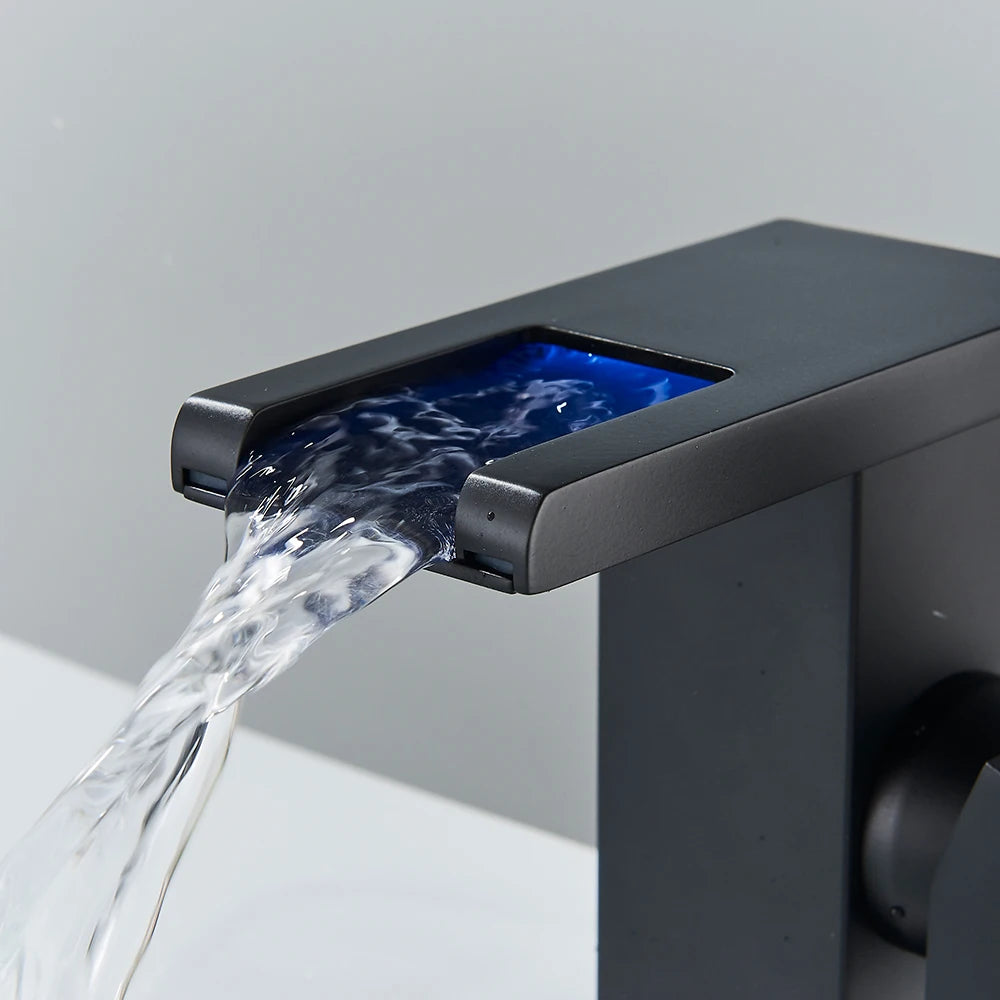 Black brass LED waterfall bathroom sink faucet with single handle mixer, deck mounted hot and cold water tap by 𝕄𝕔 𝕋𝕙𝕖 𝔹𝕝𝕒𝕔𝕜 𝔻𝕚