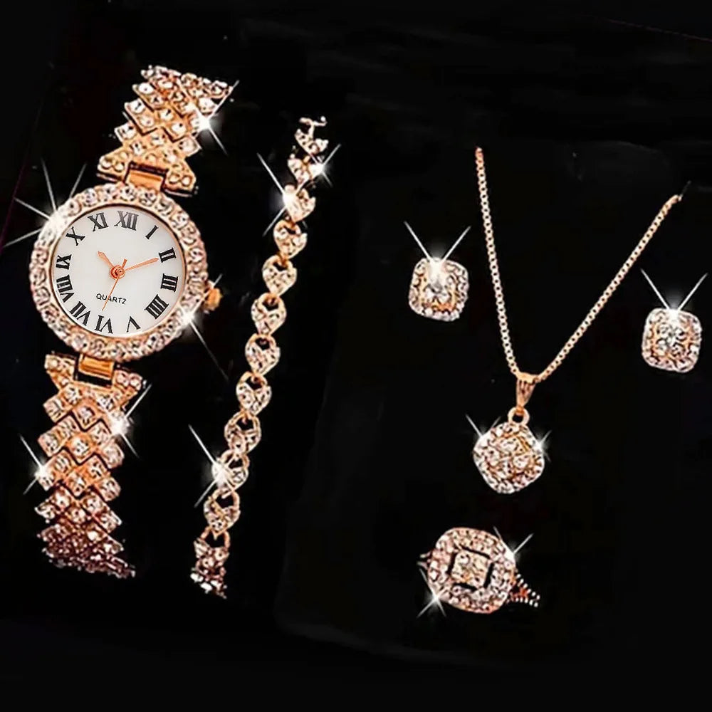 Casual ladies quartz wrist watch bracelet set with six jewelry pieces, featuring stylish designs from Mohamad Collection.
