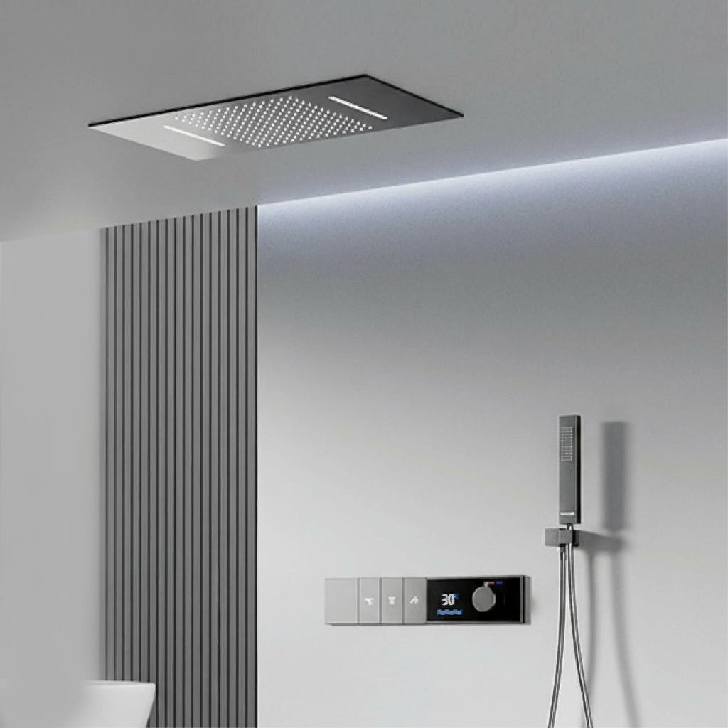 Luxury brass grey shower system with digital LED display, 3 spray modes, ceiling waterfall outlet, and bath mixer from 𝕄𝕔 𝕋𝕙𝕖 𝔹𝕝𝕒𝕔𝕜 𝔻