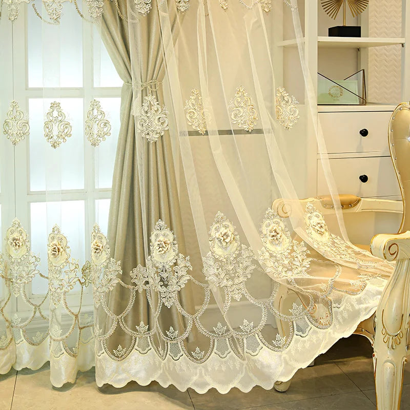 Elegant Double-Layer Curtains with Embossed Base &amp; 3D Embroidered Detailing Decorative Blackout Drapes for Bedroom/Living Room - https://mohammadcollection.com