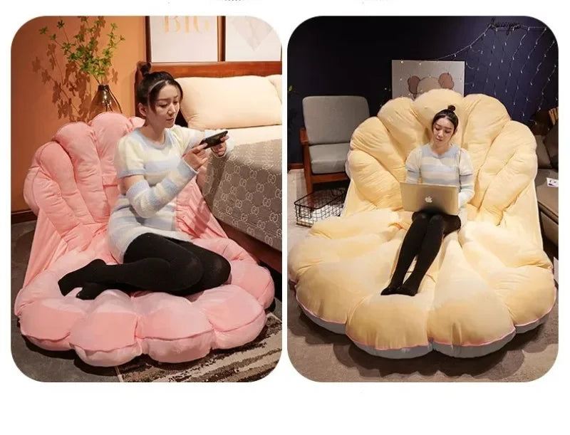 Large clam shell plush cushion by MC THE BLACK DIAMOND, designed as a giant shuck seashell sofa pillow for kids' beds.